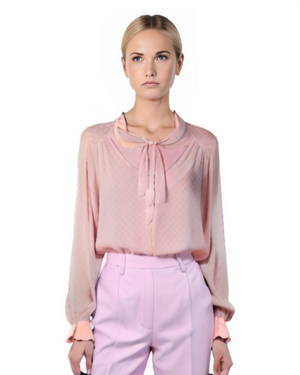 Blu Pepper Light Pink Swiss Dot Long Sleeve Bow Blouse Top